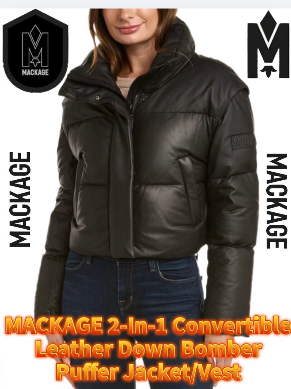 *LEATHER*NEW* MACKAGE 2-In-1 Convertible Leather Down Bomber Puffer Jacket/Vest